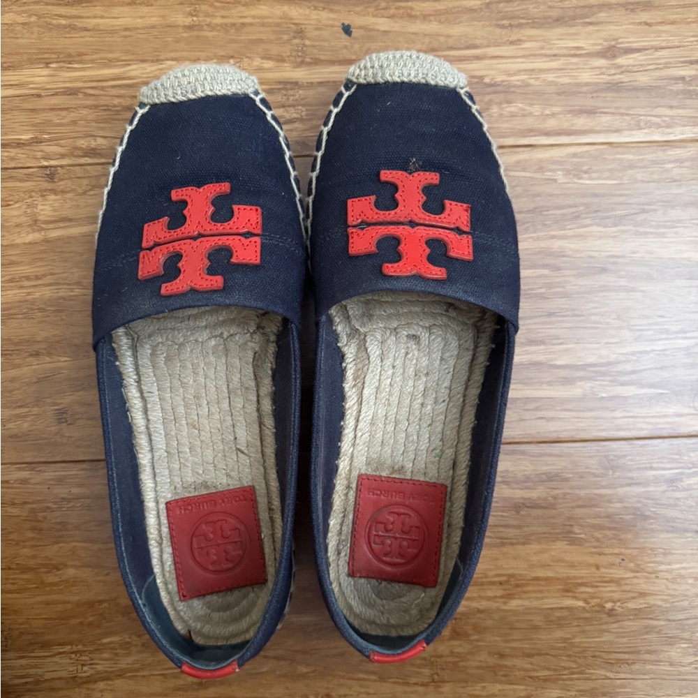 Tory Burch Black Canvas Espadrilles with Red Logo